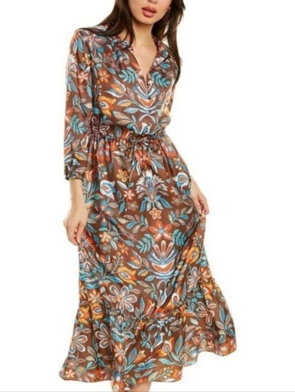 J. McLaughlin midi dress Liberty Silk Floral Brown Fluer Stitch Sz M  $320 NEW